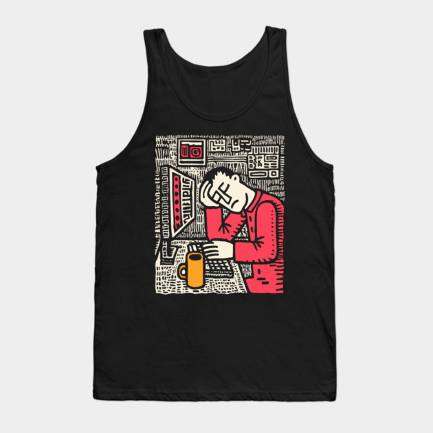 Code and Coffee - Programmer Linocut Art Tank Top by TuncGK