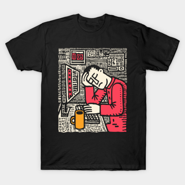 Code and Coffee - Programmer Linocut Art T-Shirt by TuncGK