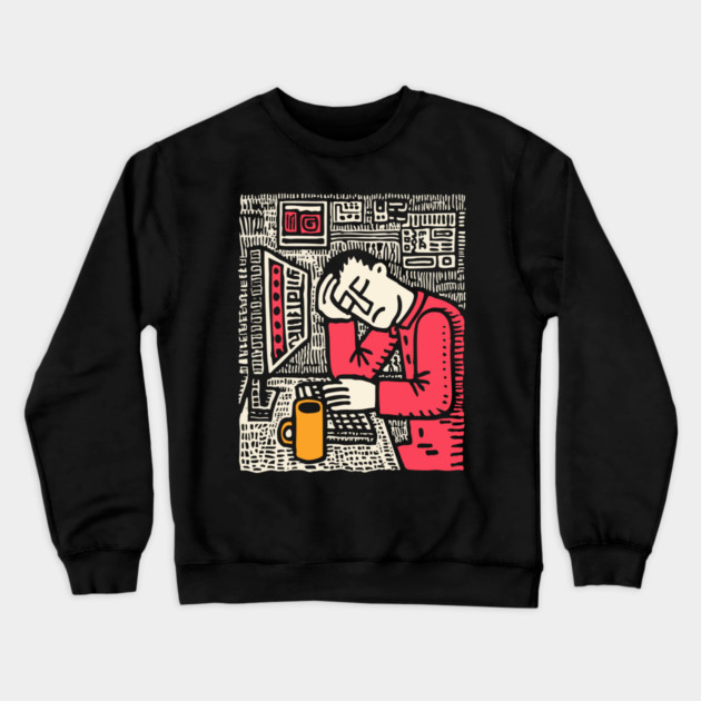 Code and Coffee - Programmer Linocut Art Crewneck Sweatshirt by TuncGK