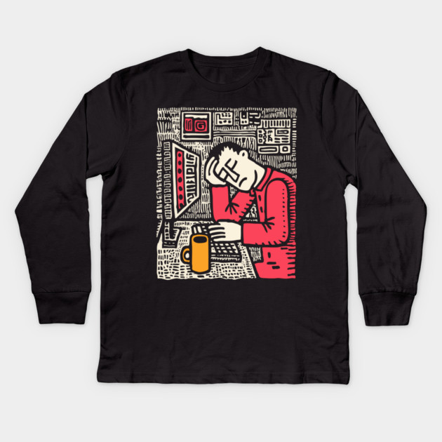 Code and Coffee - Programmer Linocut Art Kids Long Sleeve T-Shirt by TuncGK