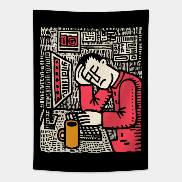 Code and Coffee - Programmer Linocut Art Tapestry by TuncGK