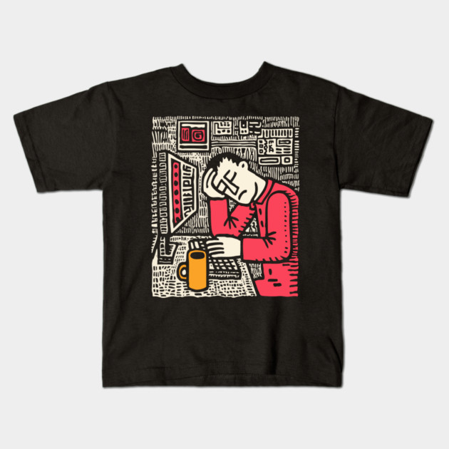 Code and Coffee - Programmer Linocut Art Kids T-Shirt by TuncGK