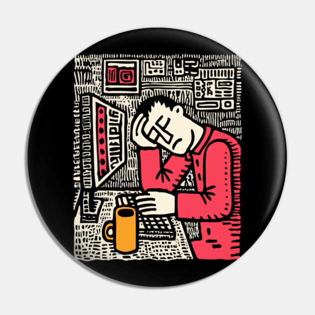Code and Coffee - Programmer Linocut Art Pin by TuncGK