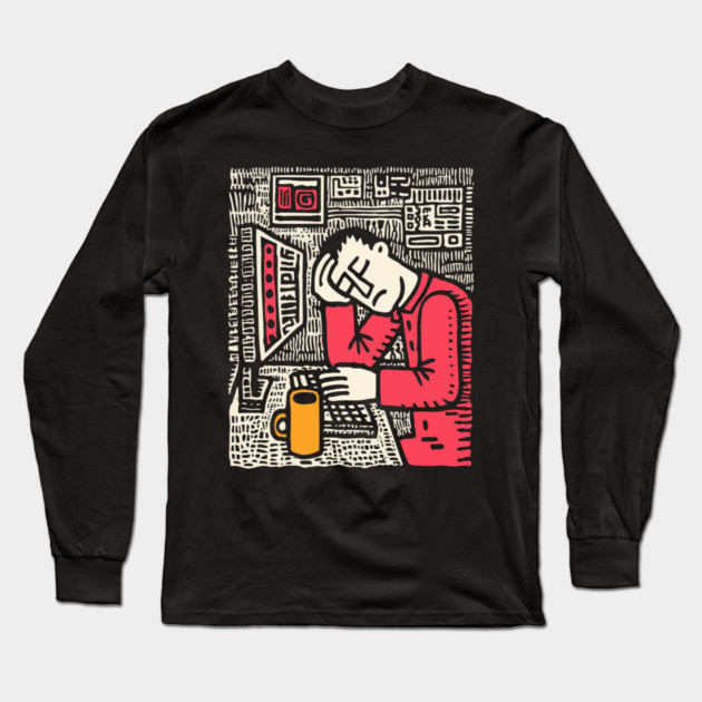 Code and Coffee - Programmer Linocut Art Long Sleeve T-Shirt by TuncGK