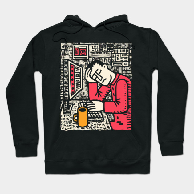 Code and Coffee - Programmer Linocut Art Hoodie by TuncGK