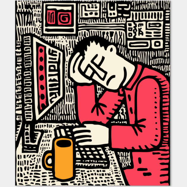 Code and Coffee - Programmer Linocut Art Wall Art by TuncGK