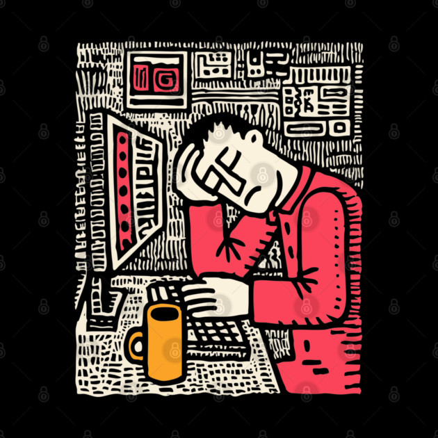 Code and Coffee - Programmer Linocut Art by TuncGK