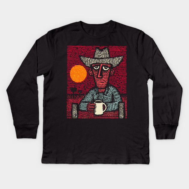 Prairie Morning - Folk Art Cowboy Kids Long Sleeve T-Shirt by TuncGK