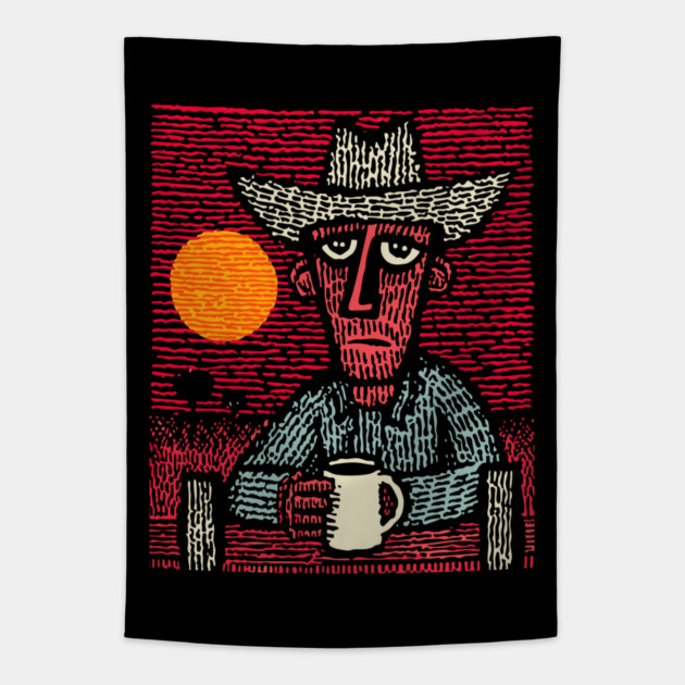 Prairie Morning - Folk Art Cowboy Tapestry by TuncGK