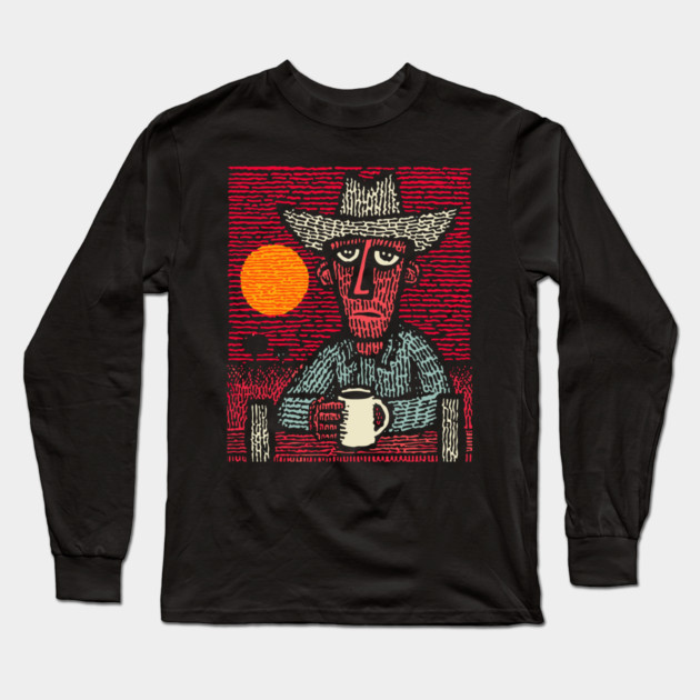 Prairie Morning - Folk Art Cowboy Long Sleeve T-Shirt by TuncGK