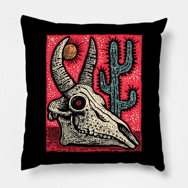 Desert Ghost - Southwestern Skull Linocut Pillow by TuncGK