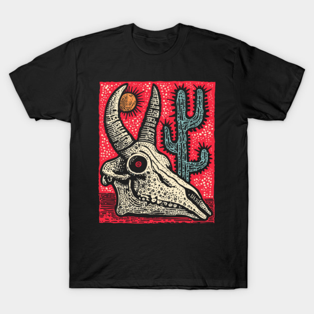 Desert Ghost - Southwestern Skull Linocut T-Shirt by TuncGK
