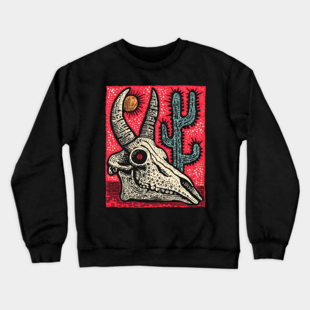 Desert Ghost - Southwestern Skull Linocut Crewneck Sweatshirt by TuncGK
