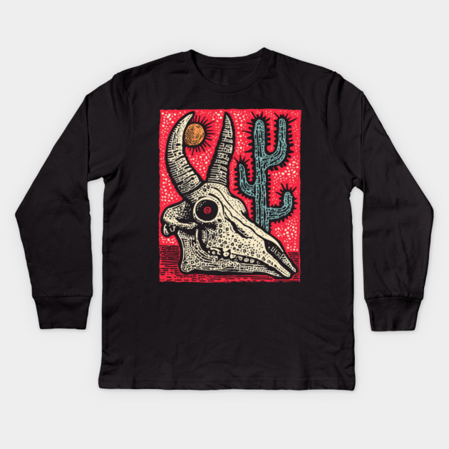 Desert Ghost - Southwestern Skull Linocut Kids Long Sleeve T-Shirt by TuncGK