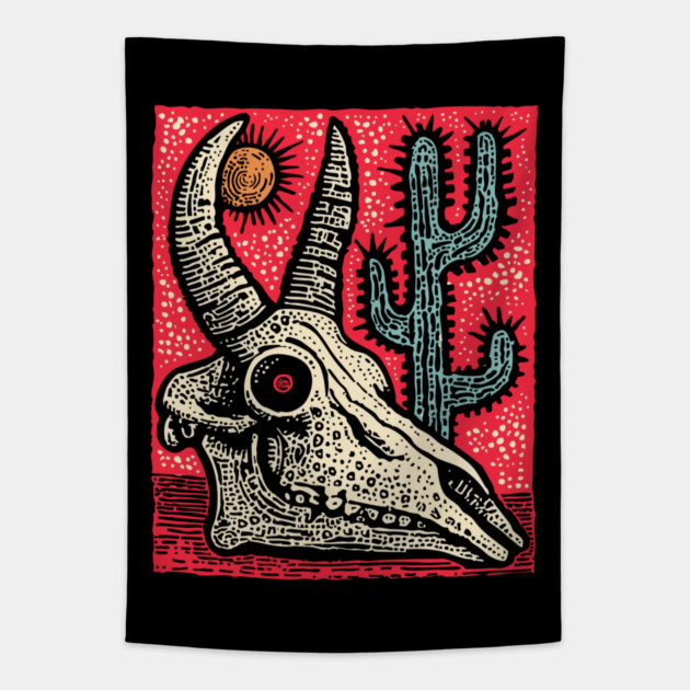 Desert Ghost - Southwestern Skull Linocut Tapestry by TuncGK