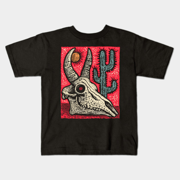 Desert Ghost - Southwestern Skull Linocut Kids T-Shirt by TuncGK
