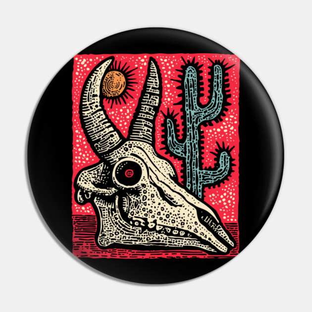Desert Ghost - Southwestern Skull Linocut Pin by TuncGK