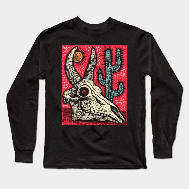 Desert Ghost - Southwestern Skull Linocut Long Sleeve T-Shirt by TuncGK
