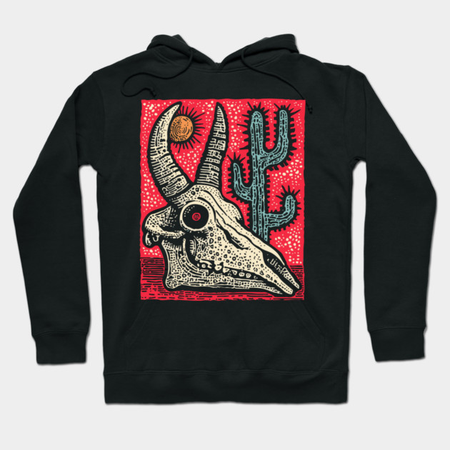 Desert Ghost - Southwestern Skull Linocut Hoodie by TuncGK