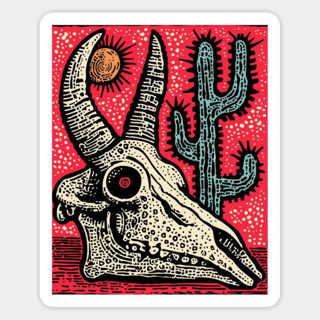 Desert Ghost - Southwestern Skull Linocut Magnet by TuncGK