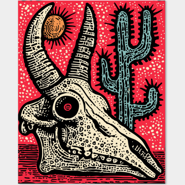 Desert Ghost - Southwestern Skull Linocut Wall Art by TuncGK