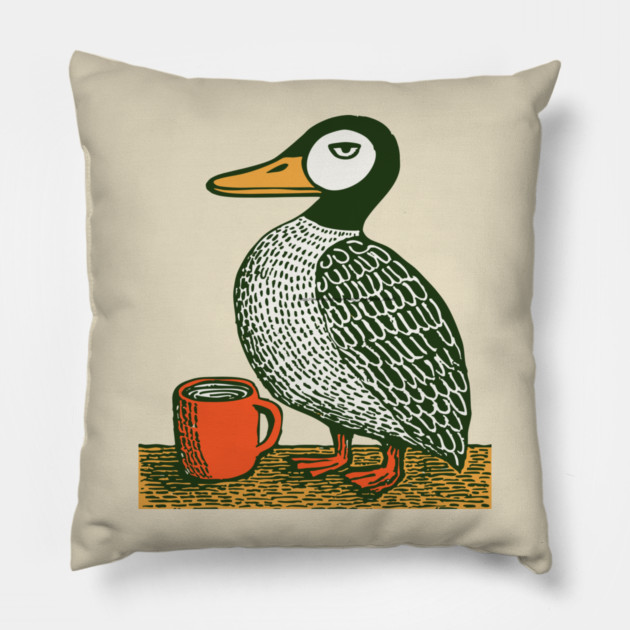 The Distinguished Duck - Woodblock Print Bird Pillow by TuncGK
