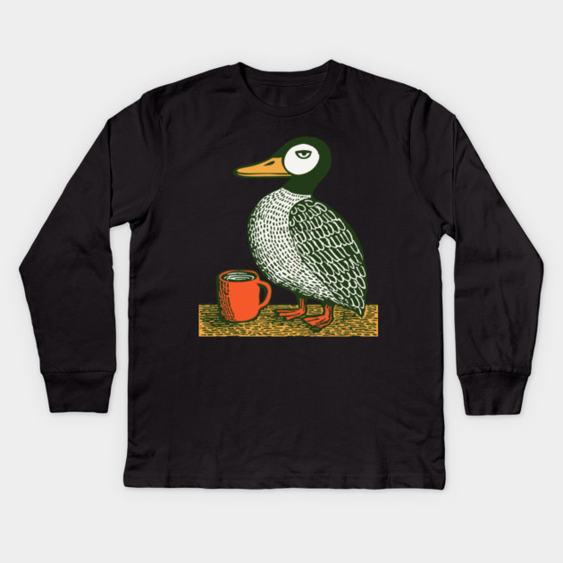 The Distinguished Duck - Woodblock Print Bird Kids Long Sleeve T-Shirt by TuncGK