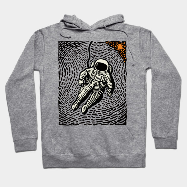 Cosmic Drift - Woodcut Astronaut in Space Hoodie by TuncGK