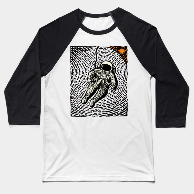 Cosmic Drift - Woodcut Astronaut in Space Baseball T-Shirt by TuncGK