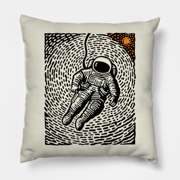 Cosmic Drift - Woodcut Astronaut in Space Pillow by TuncGK