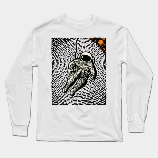 Cosmic Drift - Woodcut Astronaut in Space Long Sleeve T-Shirt by TuncGK