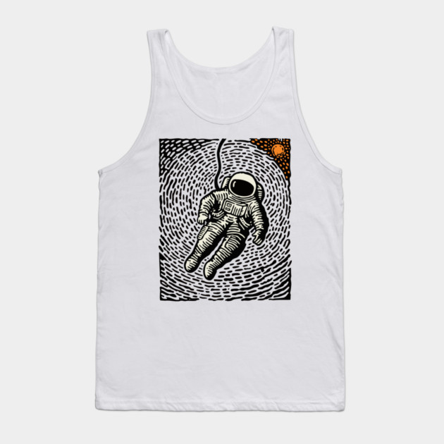 Cosmic Drift - Woodcut Astronaut in Space Tank Top by TuncGK