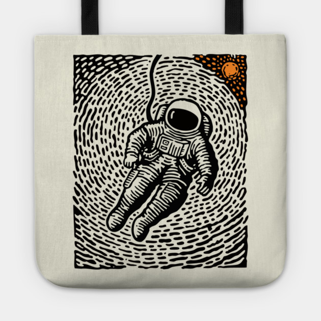 Cosmic Drift - Woodcut Astronaut in Space Tote by TuncGK
