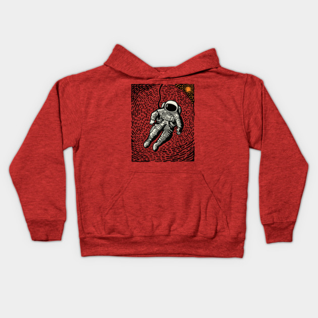 Cosmic Drift - Woodcut Astronaut in Space Kids Hoodie by TuncGK