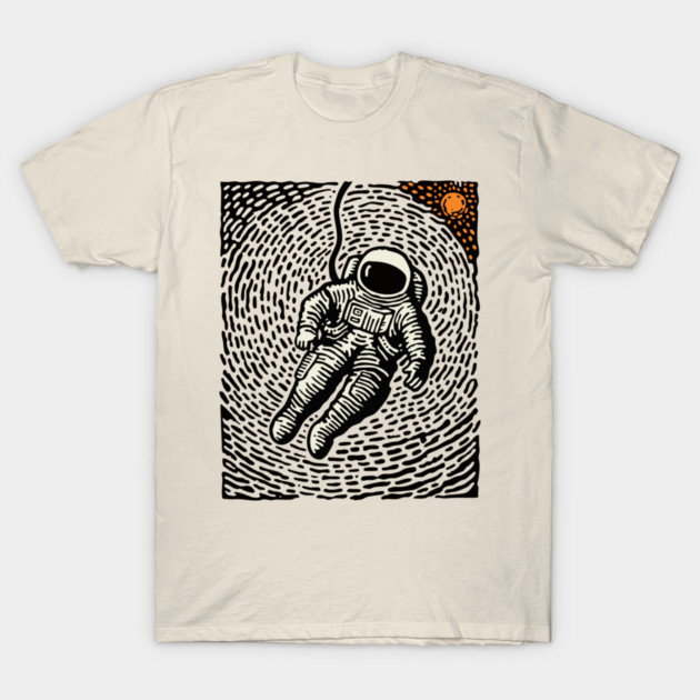 Cosmic Drift - Woodcut Astronaut in Space T-Shirt by TuncGK