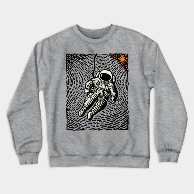 Cosmic Drift - Woodcut Astronaut in Space Crewneck Sweatshirt by TuncGK
