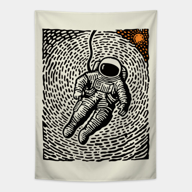 Cosmic Drift - Woodcut Astronaut in Space Tapestry by TuncGK