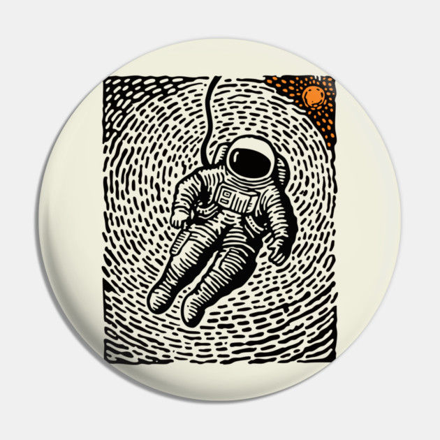 Cosmic Drift - Woodcut Astronaut in Space Pin by TuncGK