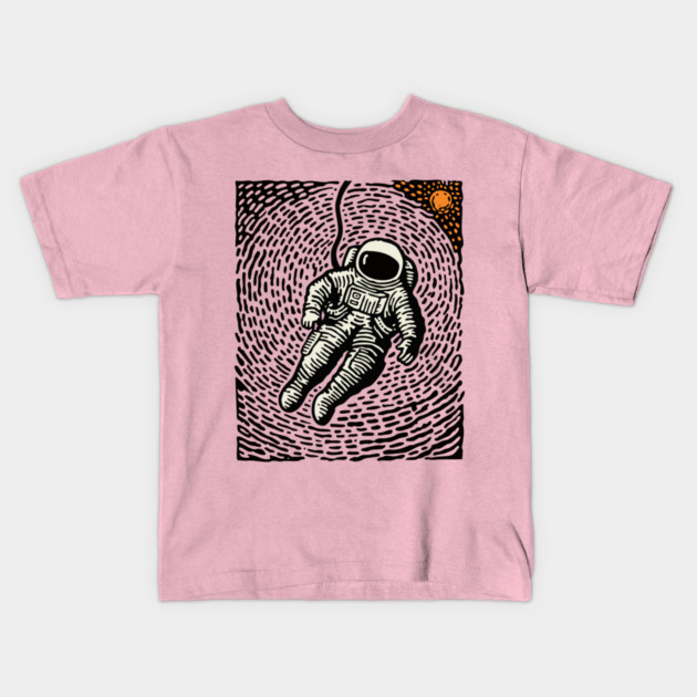 Cosmic Drift - Woodcut Astronaut in Space Kids T-Shirt by TuncGK