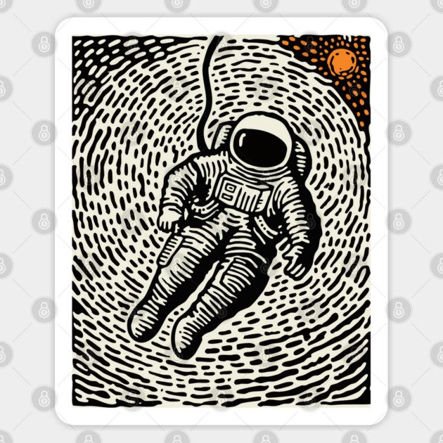 Cosmic Drift - Woodcut Astronaut in Space Sticker by TuncGK