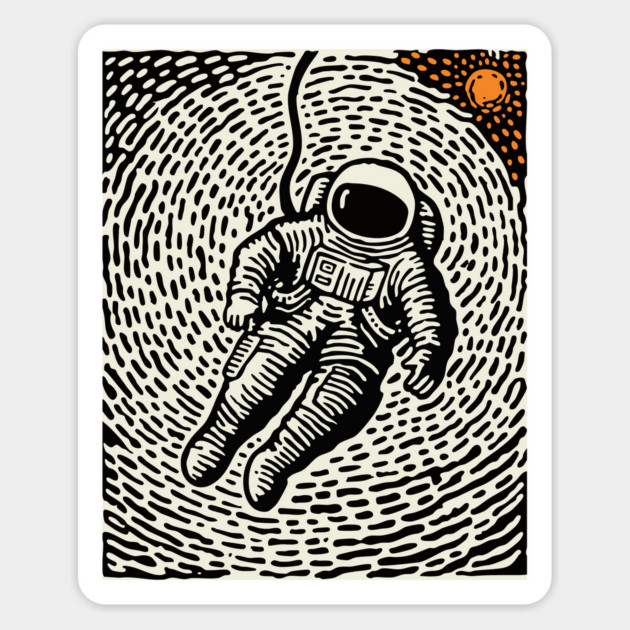 Cosmic Drift - Woodcut Astronaut in Space Magnet by TuncGK