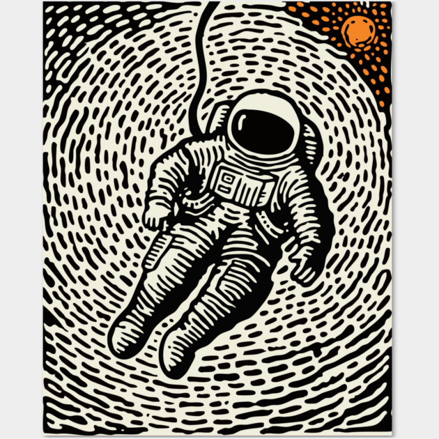 Cosmic Drift - Woodcut Astronaut in Space Wall Art by TuncGK