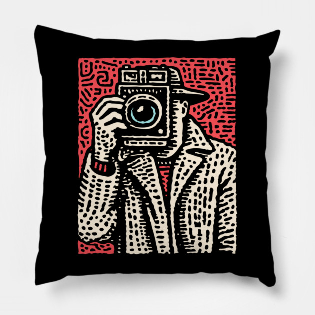 The Shot - Retro Paparazzi Linocut Pillow by TuncGK