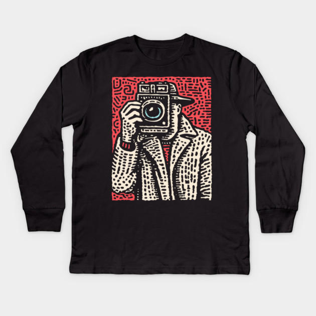 The Shot - Retro Paparazzi Linocut Kids Long Sleeve T-Shirt by TuncGK