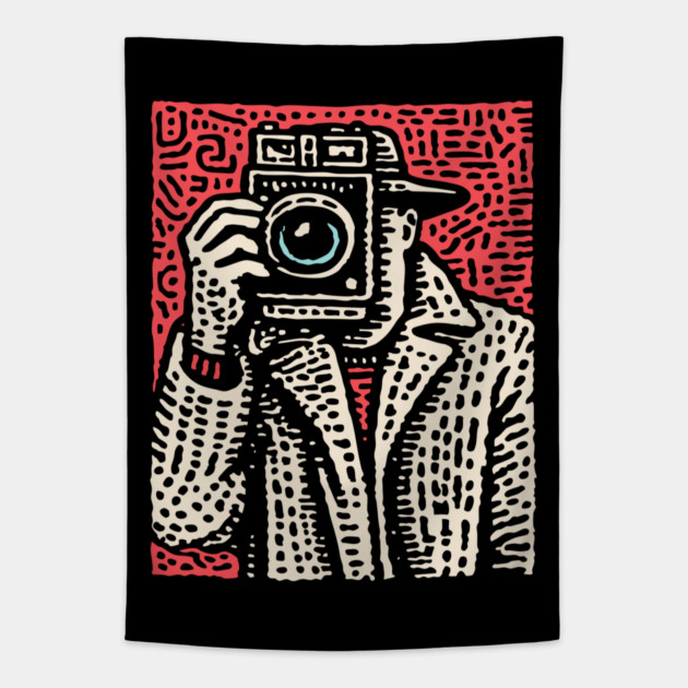 The Shot - Retro Paparazzi Linocut Tapestry by TuncGK