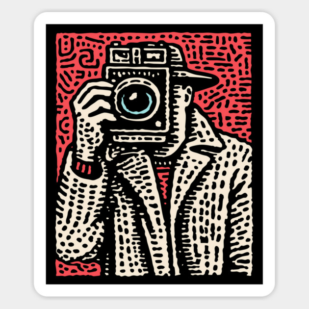 The Shot - Retro Paparazzi Linocut Magnet by TuncGK