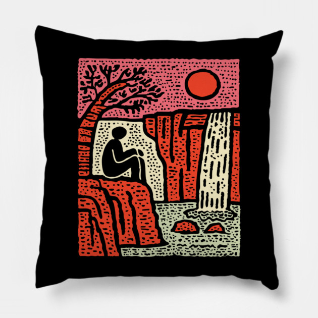 Simple Joy - Primitive Folk Art Landscape Pillow by TuncGK