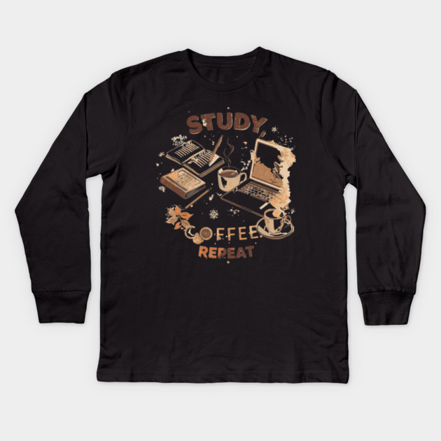 Study Coffee Repeat | Student Life Kids Long Sleeve T-Shirt by SR8891