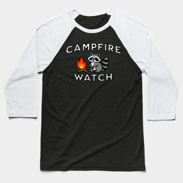 Campfire Watch Raccoon — Nostalgic Camping Baseball T-Shirt by DonWillisJrArt