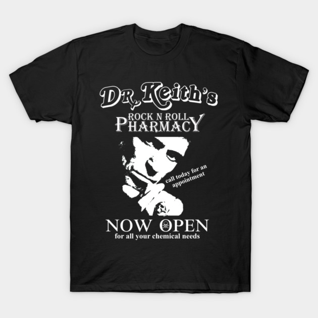 Keith Richards inspired Dr Keith's Rock N' Roll Pharmacy T-Shirt by Bathroom Wall